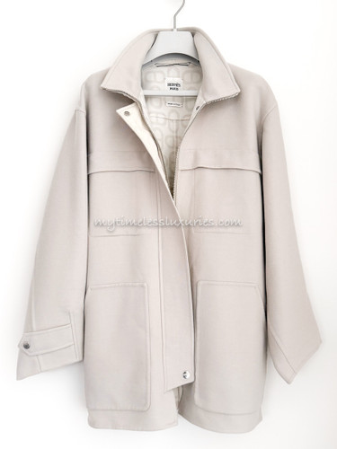 HERMES 2026 Cashmere Short Parka Coat 34 Blanc Sable *New