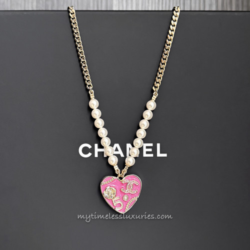 CHANEL 24S CC Logo Pink Heart Necklace Pearls & Crystals *New
