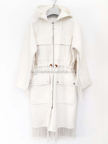 HERMES Cashmere Coat Leather & Fringe Details 34 Blanc Casse