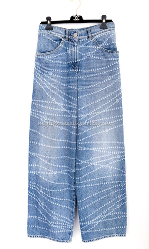 CHANEL 25P Pearl Print Wide Leg Jeans 36