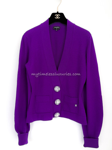 CHANEL 22A Cashmere Cardigan Jewel Buttons Purple 38