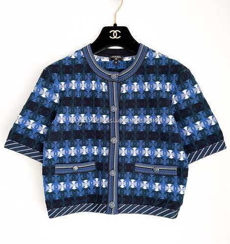CHANEL 19P CC Short Sleeve Cropped Cardigan 36 Dk Blue