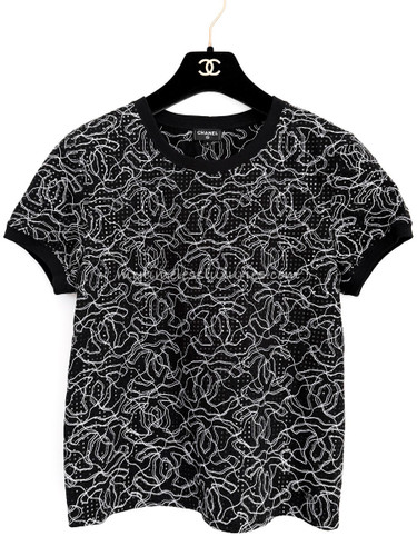 CHANEL 25C Embroidered CC Logo T-Shirt Top S *New