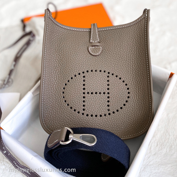 HERMES Mini Evelyne 16 TPM e Clemence Etoupe/ Bleu Indigo