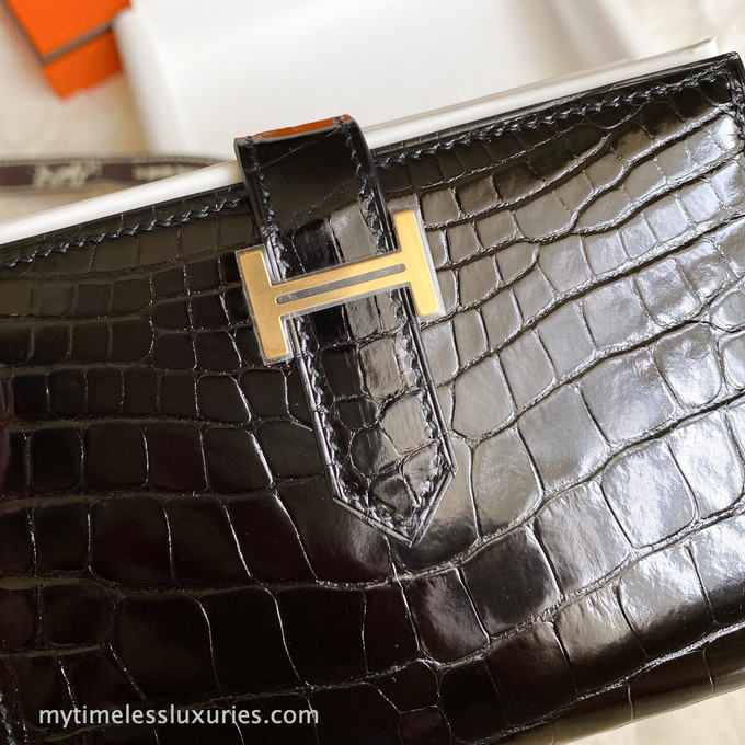 Hermes Bearn Wallet Alligator Leather Gold Hardware In Black