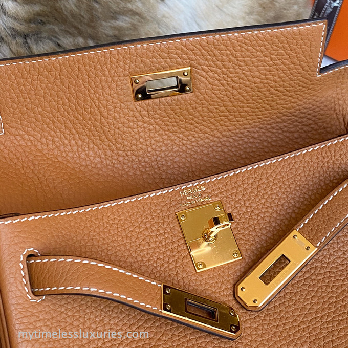 HERMÈS Kelly Ado PM backpack in Toffee Clemence leather with Gold