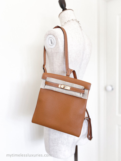 HERMÈS Kelly Ado PM backpack in Toffee Clemence leather with Gold