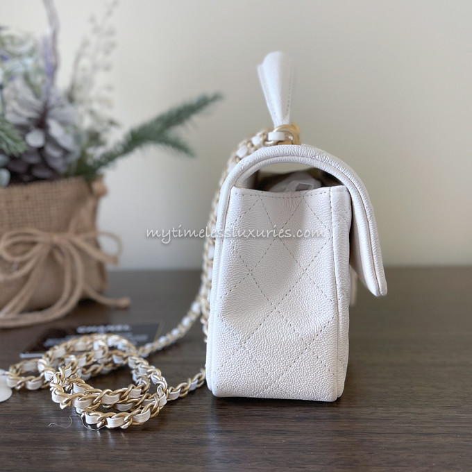 CHANEL 21S White Caviar Mini with Top Handle Aged Gold Hw