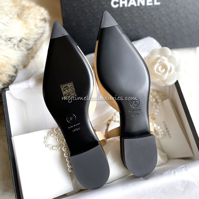 CHANEL 21A Slingback Flats with Pearl Straps 38.5 EU *New