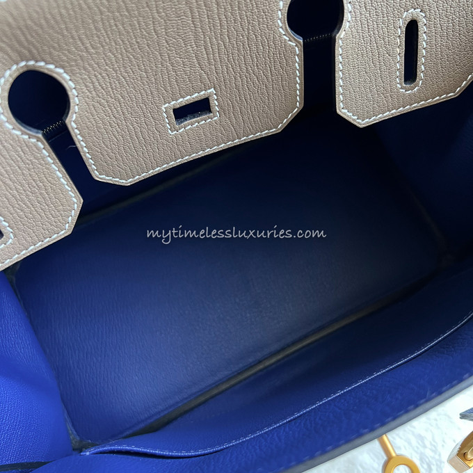 HERMES Birkin 30 HSS Chevre Etoupe/ Bleu Saphir/ Bleu Electrique Brushed  Gold Hw - Timeless Luxuries