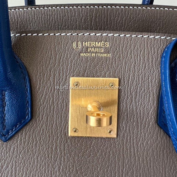 HERMES Birkin 30 HSS Chevre Etoupe/ Bleu Saphir/ Bleu Electrique Brushed  Gold Hw - Timeless Luxuries