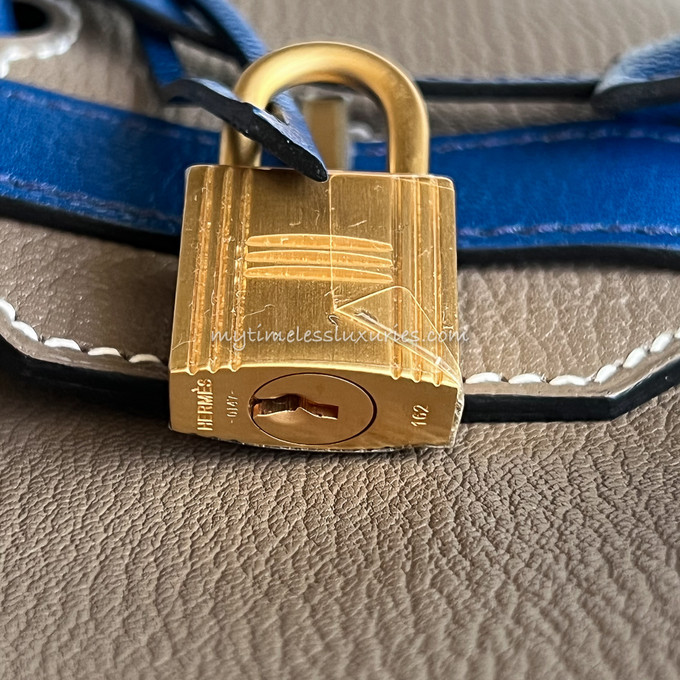 HERMES Birkin 30 HSS Chevre Etoupe/ Bleu Saphir/ Bleu Electrique Brushed  Gold Hw - Timeless Luxuries