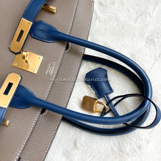 HERMES Birkin 30 HSS Chevre Etoupe/ Bleu Saphir/ Bleu Electrique Brushed  Gold Hw - Timeless Luxuries