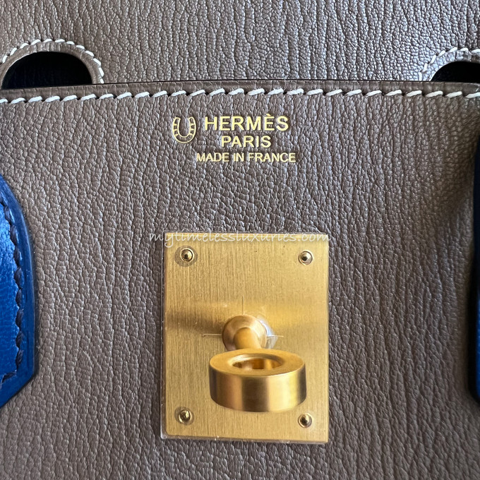 Pre-owned Hermes Special Order (HSS) Birkin 30 Etoupe and Bleu Saphire  Chevre Brushed Gold Hardware