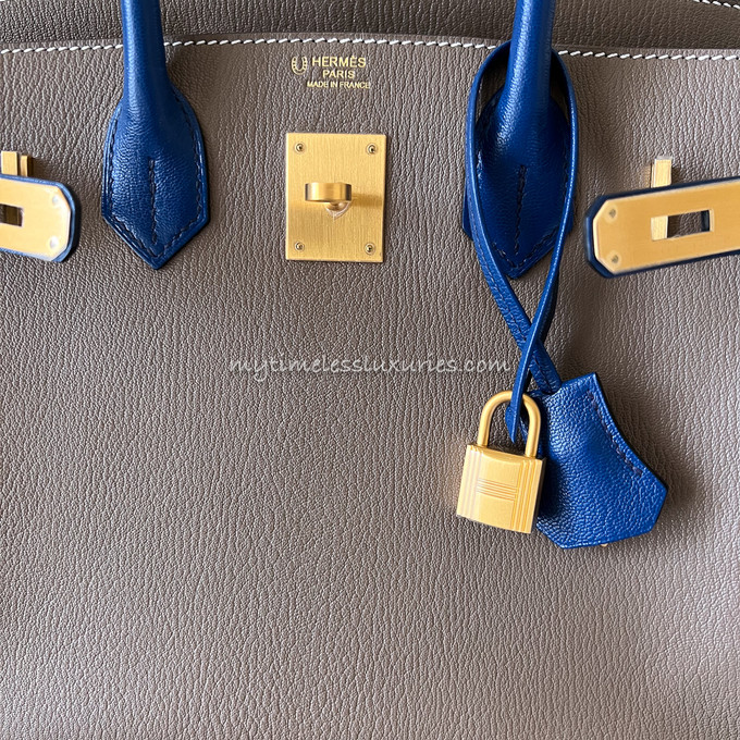HERMES Birkin 30 HSS Chevre Etoupe/ Bleu Saphir/ Bleu Electrique Brushed  Gold Hw - Timeless Luxuries