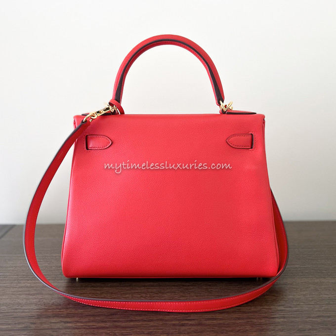 HERMES Kelly 28 Rouge Tomate Evercolor Gold Hw - Timeless Luxuries