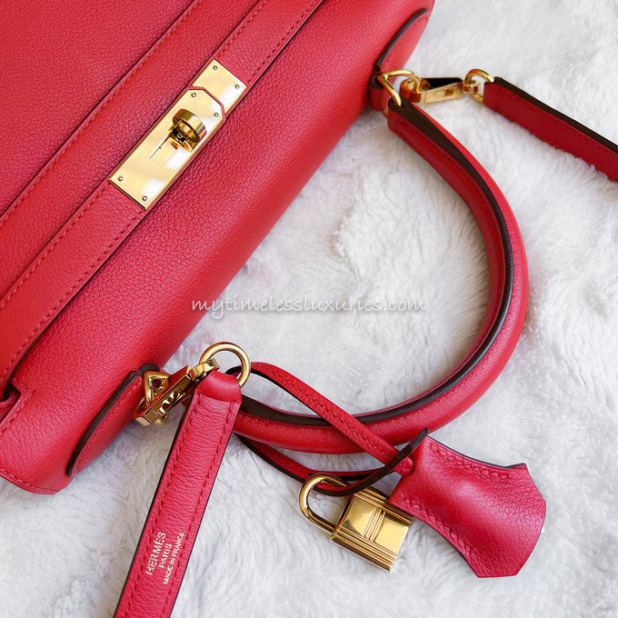 HERMES Kelly 28 Rouge Tomate Evercolor Gold Hw - Timeless Luxuries