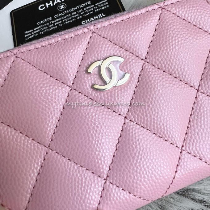 Chanel Small Zip Around Coin Purse Card Holder in Pink Iridescent Caviar  with Pearly CC Plaque - SOLD