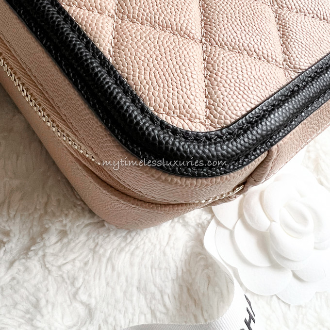 CHANEL Beige/ Black Caviar CC Filigree Medium Vanity Case