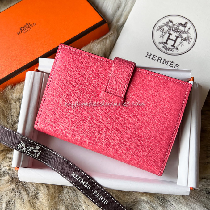 HERMES Rose Lipstick Chevre Bearn Mini Wallet PHW *New - Timeless