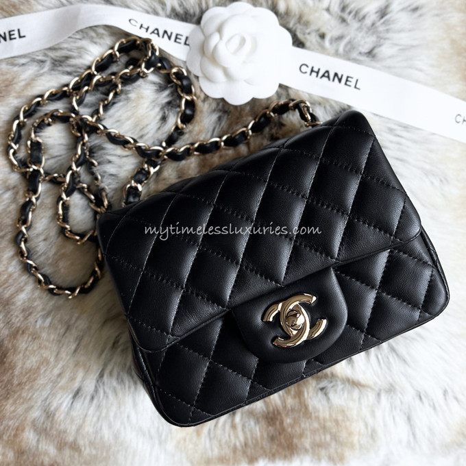 Chanel Mini Square Flap Bag Black Lambskin Light Gold Hardware