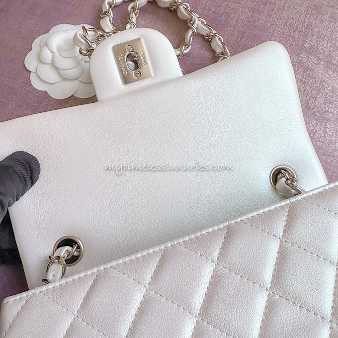 CHANEL 21S Iridescent White Calf Mini Flap LGHW *New - Timeless