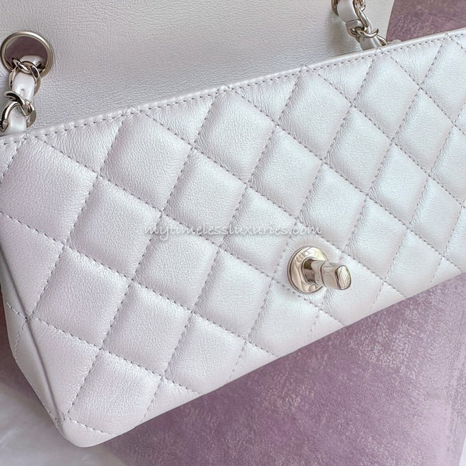 Chanel 21S Iridescent White Mini Flap Rectangle CC Quilted Chain