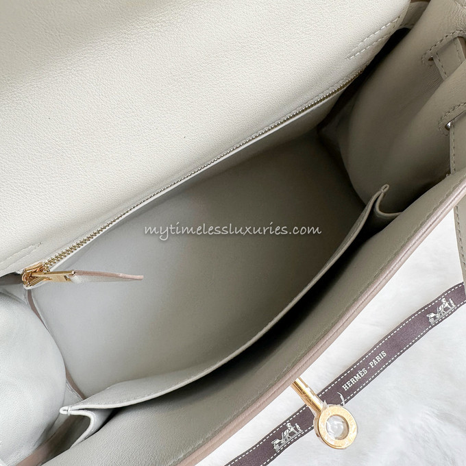 HERMES Kelly 25 Gris Perle Veau Swift Gold Hw - Timeless Luxuries