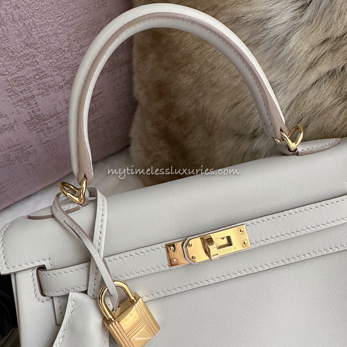 A CUSTOM GRIS PERLE & LIME CHÈVRE LEATHER SELLIER KELLY 25 WITH