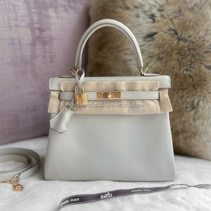 HERMES Kelly 25 Gris Perle Veau Swift Gold Hw - Timeless Luxuries