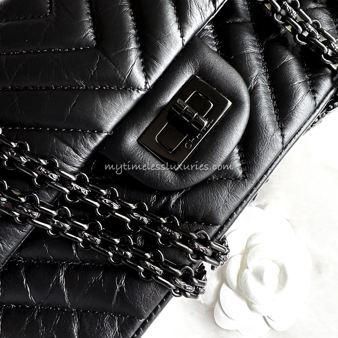 Chanel So Black Reissue 2.55 Flap Bag Chevron Aged Calfskin 225