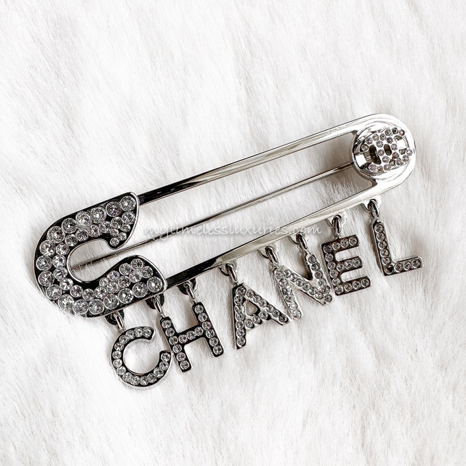 CHANEL 18P Safety Pin Crystal Brooch Logo Charms - Timeless Luxuries