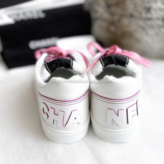 CHANEL 21P Logo Sneakers White/ Pink Calfskin 37.5 *New - Timeless Luxuries