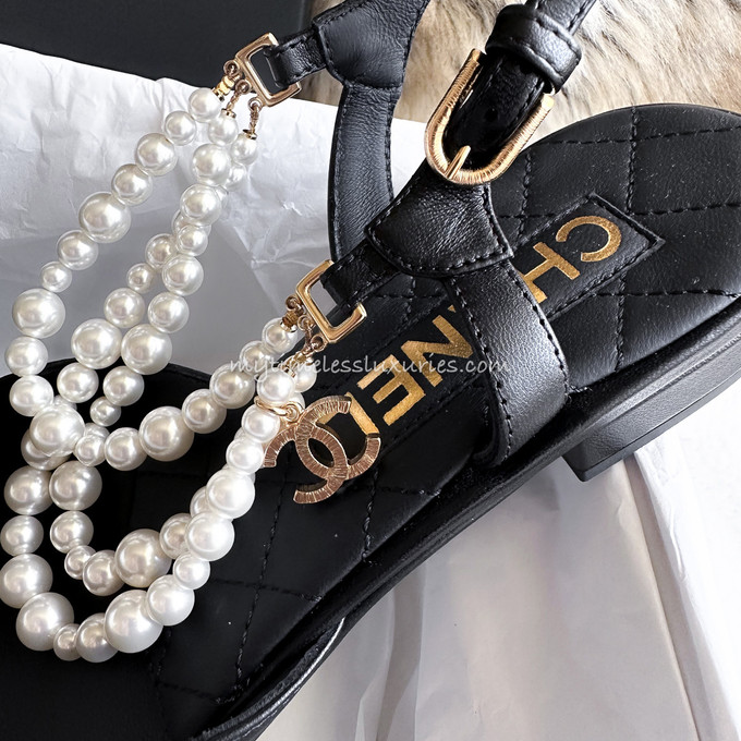 CHANEL Slingback Flats with Pearl Straps 37 *New - Timeless Luxuries