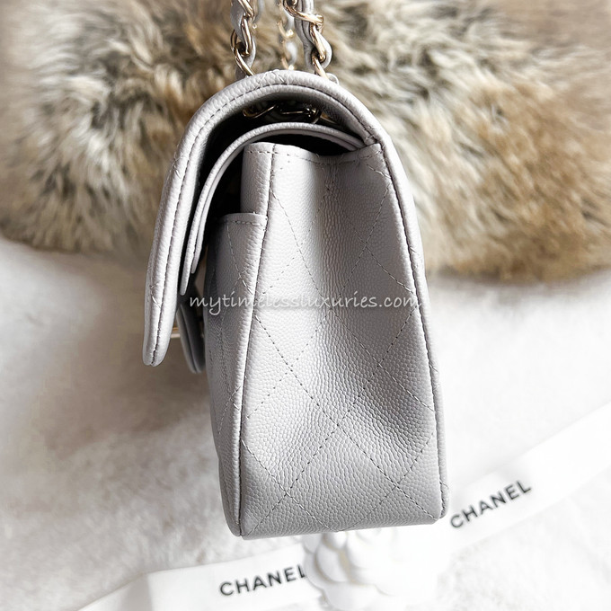Chanel Classic Small Double Flap 21A Light Gray Quilted Caviar with light  gold hardware