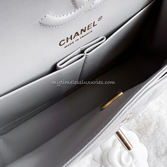 Chanel Classic Small Double Flap 21A Light Gray Quilted Caviar with light  gold hardware