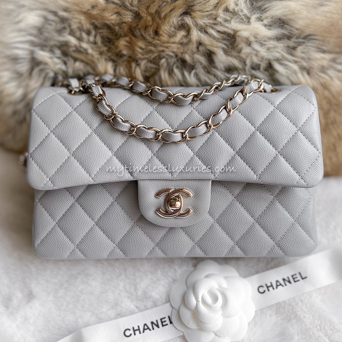 Chanel 20C Grey caviar LGHW Small Timeless Classic Double Flap Bag –  Globalluxcloset