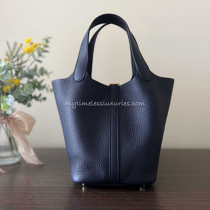 Hermes Picotin Lock 18 Bag Vert Cypress / Blue Nuit / Black Tote Clemence  Gold • MIGHTYCHIC • 