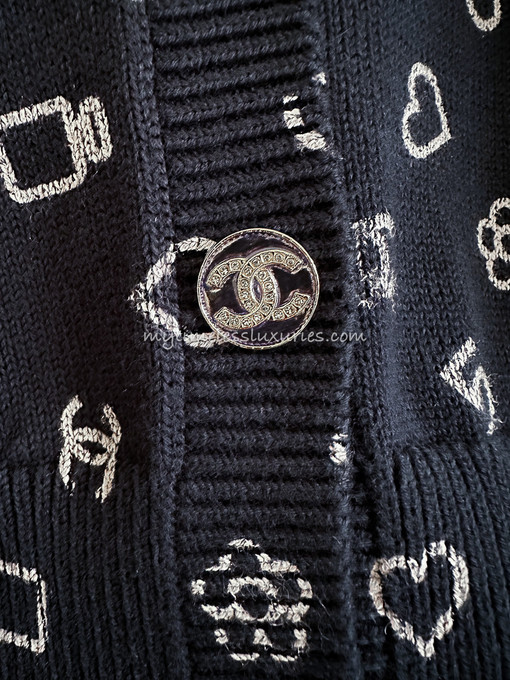 CHANEL CC Logo Cashmere Cardigan Sweater Navy Blue Grey
