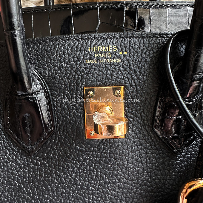 Hermès Birkin Limited Edition 25 Noir (Black) Touch Novillo Crocodile  Niloticus Lisse Rose Gold Hardware RGHW