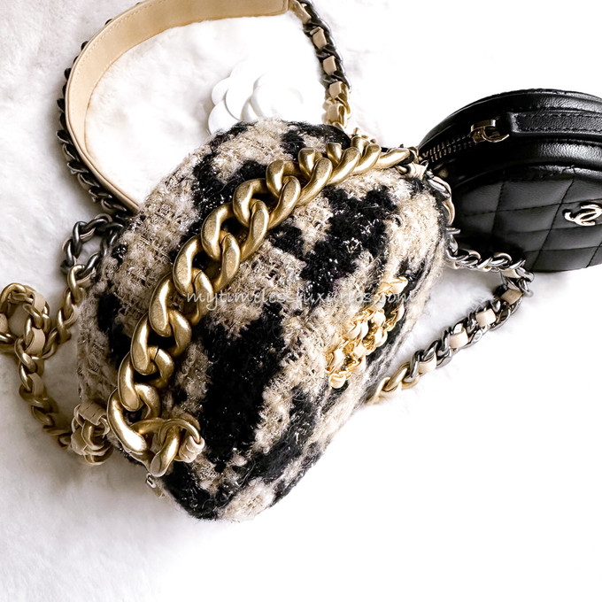Chanel 19 Round Clutch with Chain and Coin Purse Quilted Tweed and