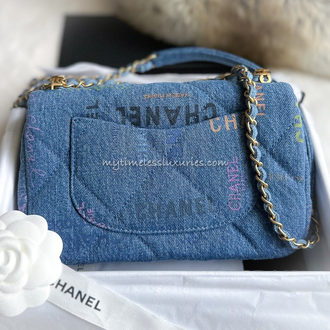 Chanel 22P Blue Denim Graffiti CC Logo Shoulder Crossbody Clutch