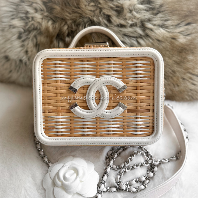 Chanel White Small Rattan Vanity Case Silver Hardware at 1stDibs