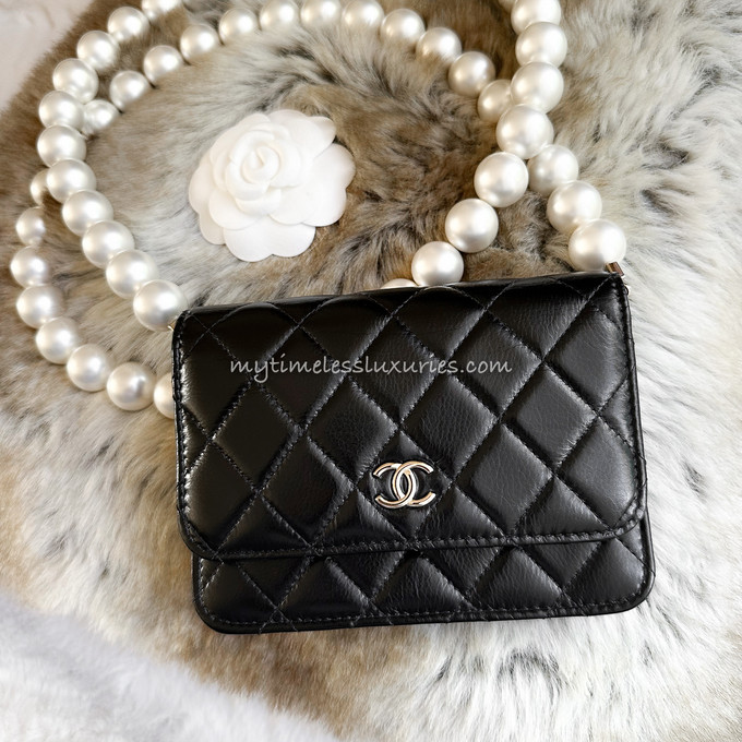 Black Quilted Lambskin Pearl Crush Wallet on Chain WOC Gold Hardware, 2022