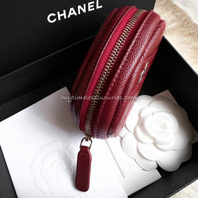 CHANEL 19B Burgundy Caviar Round Pouch/ Coin Purse - Timeless Luxuries