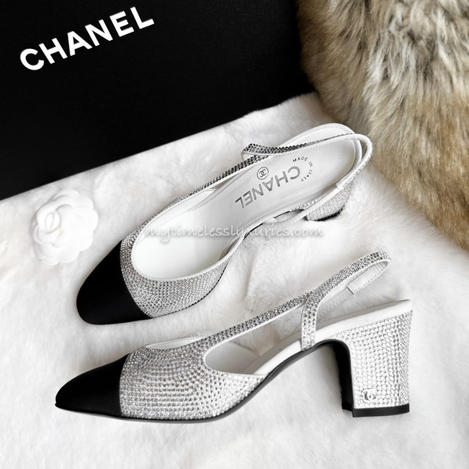 CHANEL 23S Strass Crystal Slingback Heels 37 *New - Timeless Luxuries