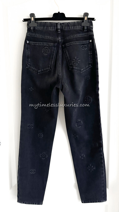 CHANEL 21P Logo Embossed High Waisted Jeans 34 Charcoal - Timeless