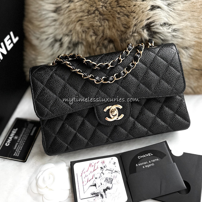 CHANEL Small Classic Double Flap Bag Black Caviar Leather, 24K GHW