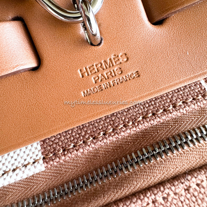 Hermes Herbag Zip PM 31 Bleu France Toile H Fauve Vache Hunter Palladi –  Madison Avenue Couture