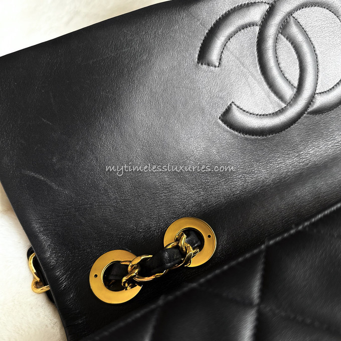 Chanel Black Calfskin Maxi Jumbo XL Luxe Chain Around Flap Bag SHW